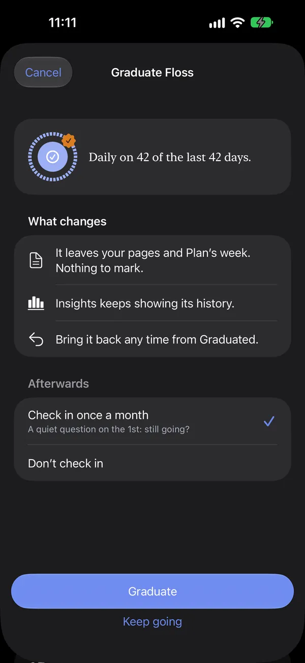 The Graduate sheet: what changes when a habit graduates